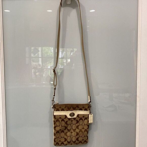 Coach Women's Signature Monogram C Tan Beige Print Crossbody Purse Bag - Picture 3 of 5